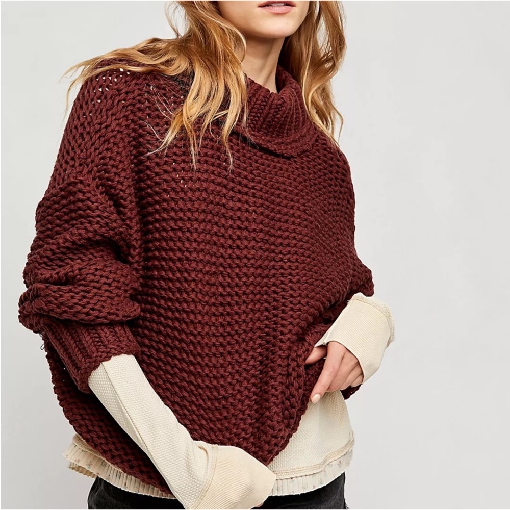 Free People My only sunshine sweater chunky knit mock neck womens Small  maroon